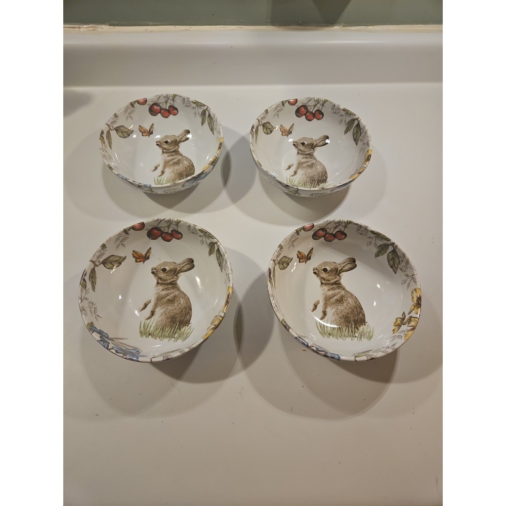 4 Pier 1 One Rabbits Bunny Easter Soup Cereal Bowls Scalloped 6.5 X 2"